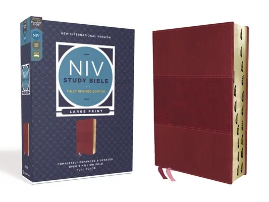 Bibbia di studio NIV, edizione completamente riveduta, stampa grande, pelle di cuoio, borgogna, lettere rosse, indicizzazione del pollice, stampa comfort - NIV Study Bible, Fully Revised Edition, Large Print, Leathersoft, Burgundy, Red Letter, Thumb Indexed, Comfort Print